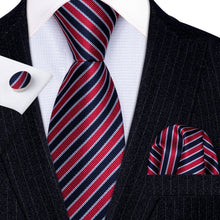 Red Blue Striped Tie Handkerchief Cufflinks Set