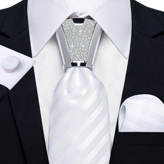 Men's Tie White Striped Silk Tie Handkerchief Cufflinks Set with Mens tie accessories Ring