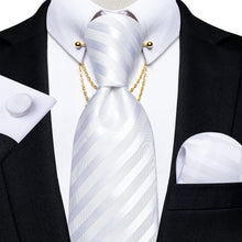 White Striped Tie Pocket Square Cufflinks with Collar Pin