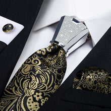 4PCS Black Golden Floral Men's Tie Handkerchief Cufflinks Accessory Set