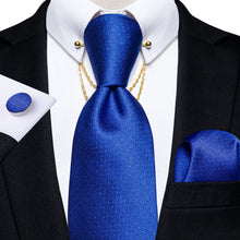 Blue Plaid Men's Tie Handkerchief Cufflinks with Collar Pin