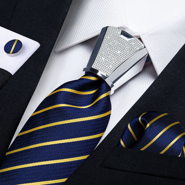 4PC Blue Yellow Stripe Men's Tie Handkerchief Cufflinks Accessory Set