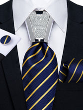4PC Blue Yellow Stripe Men's Tie Handkerchief Cufflinks Accessory Set
