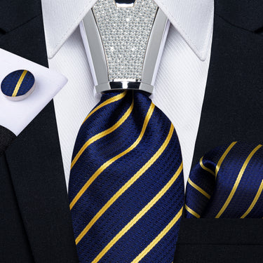 4PC Blue Yellow Stripe Men's Tie Handkerchief Cufflinks Accessory Set