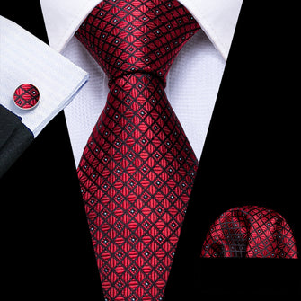 Red Plaid Tie Handkerchief Cufflinks Set