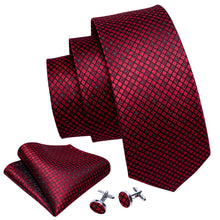 Red Plaid Tie Handkerchief Cufflinks Set