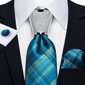 4PC Sky Blue Stripe Men's Tie Handkerchief Cufflinks Accessory Set