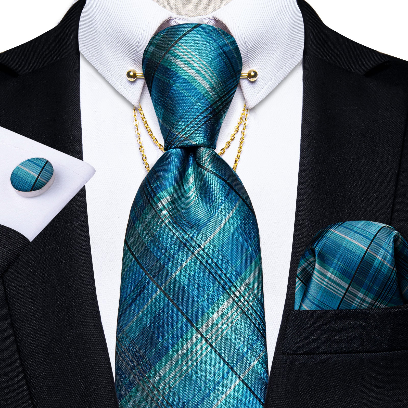Teal Striped Men's Tie Handkerchief Cufflinks with Collar Pin