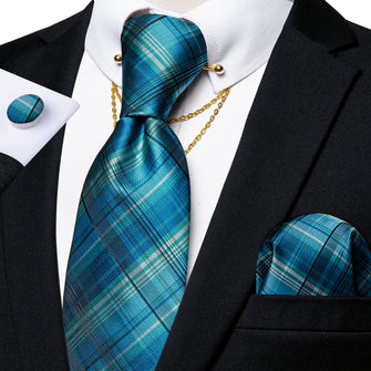 Teal Striped Men's Tie Handkerchief Cufflinks with Collar Pin