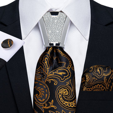 fashion wedding tie design gold black paisley tie pocket square cufflinks set with mens tie accessory ring set