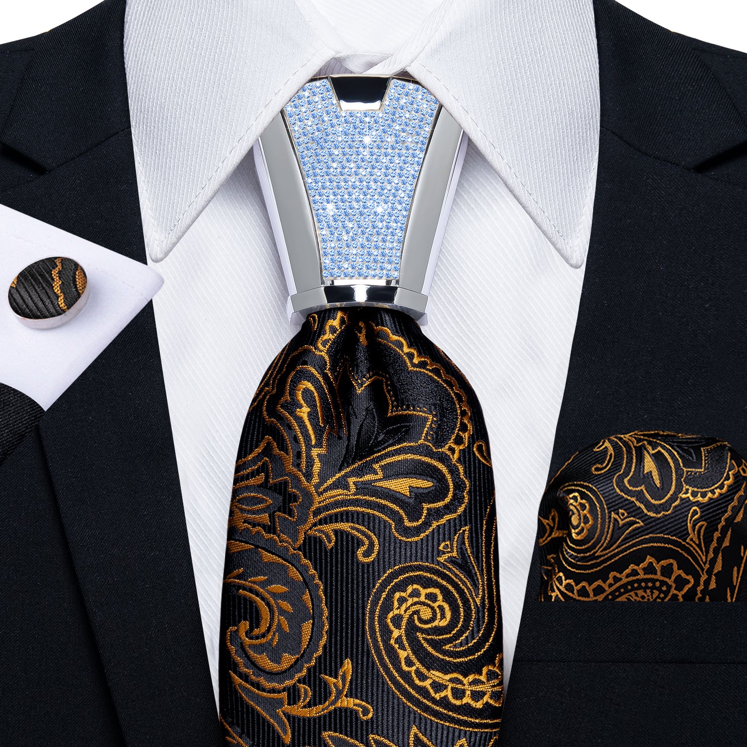 fashion wedding tie design gold black paisley tie pocket square cufflinks set with mens tie accessory ring set