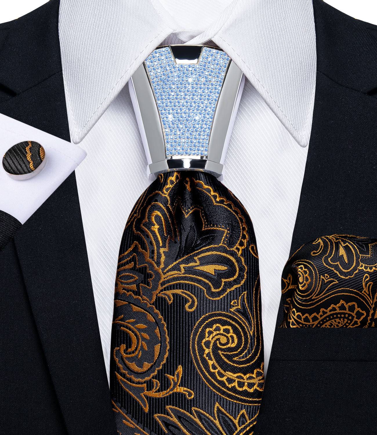fashion wedding tie design gold black paisley tie pocket square cufflinks set with mens tie accessory ring set