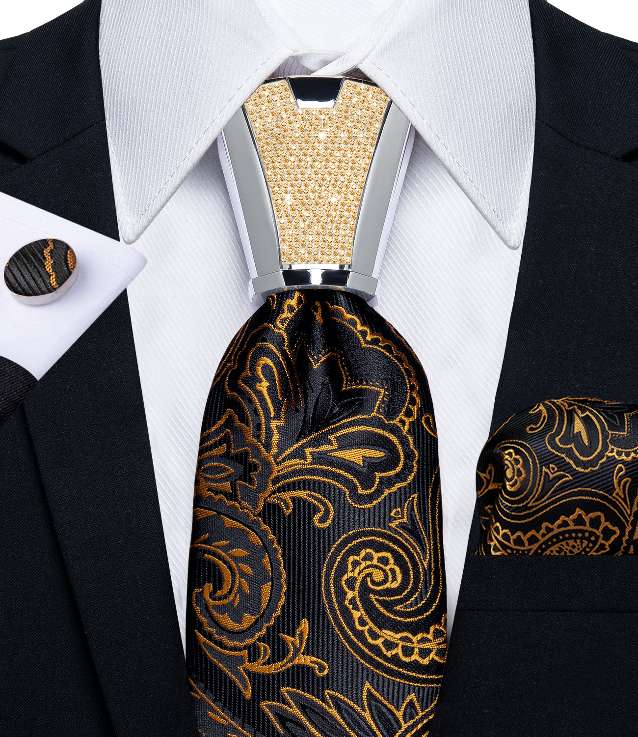 fashion wedding tie design gold black paisley tie pocket square cufflinks set with mens tie accessory ring set