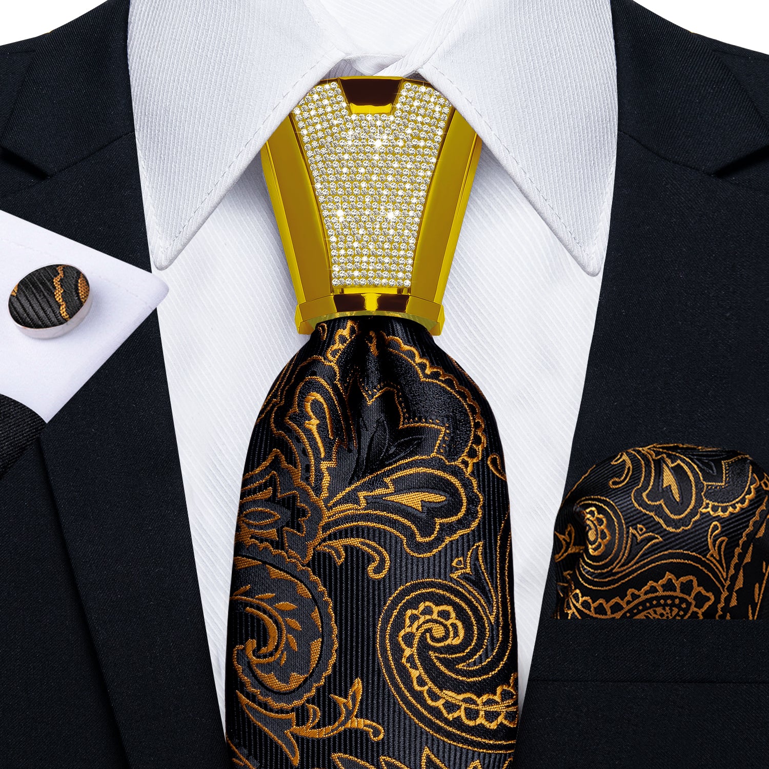 fashion wedding tie design gold black paisley tie pocket square cufflinks set with mens tie accessory ring set