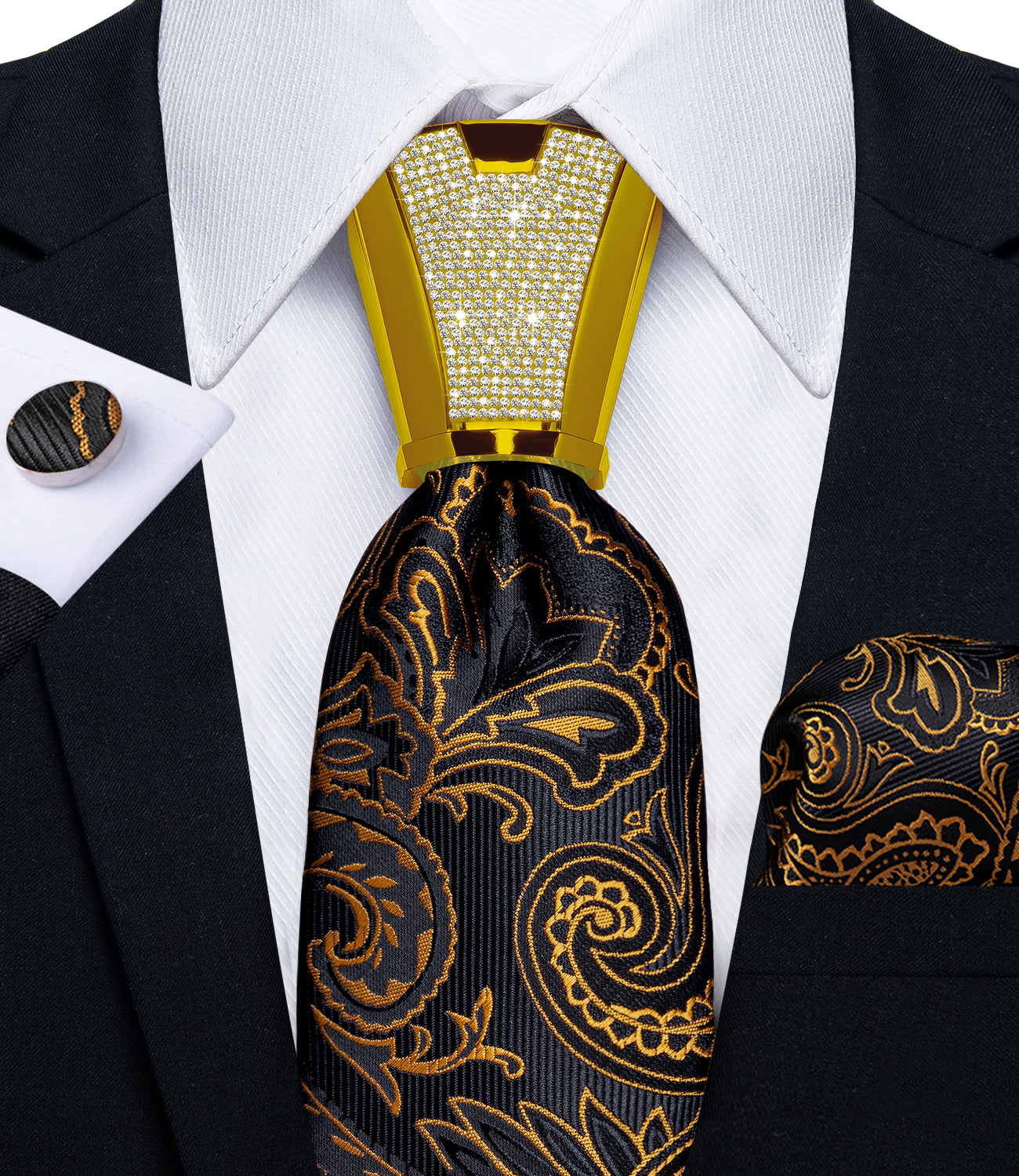 fashion wedding tie design gold black paisley tie pocket square cufflinks set with mens tie accessory ring set