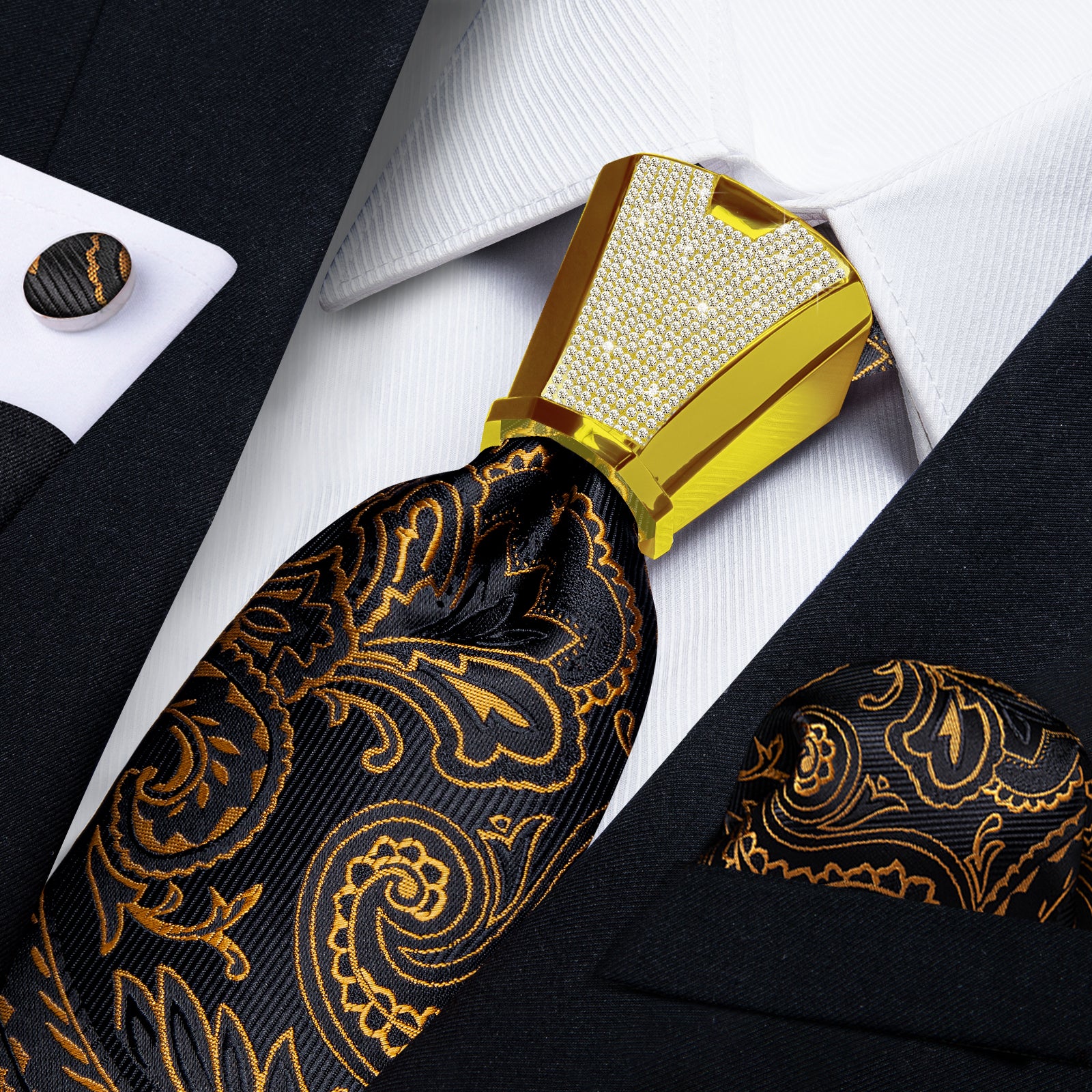 fashion wedding tie design gold black paisley tie pocket square cufflinks set with mens tie accessory ring set
