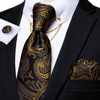 Beautiful Black Golden Paisley Tie Pocket Square Cufflinks Set with Collar Pin