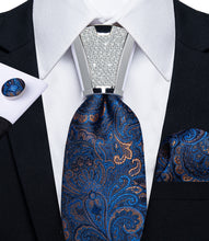 4PCS Blue Gold Floral Silk Men's Tie Handkerchief Cufflinks Accessory Set