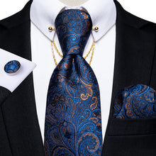 Luxury Blue Brown Paisley Silk Men's Tie Pocket Square Cufflinks with Collar Pin