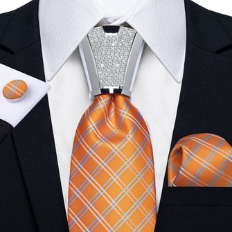 high quality silk plaid blue white burnt orange tie pocket square cufflinks set with mens tie accessory ring set