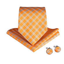 Plaid Men's orange silk tie Handkerchief Cufflinks Set With Lapel Pin Brooch Set