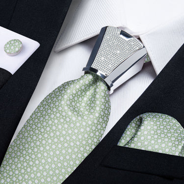 4PC Green white point Men's Tie Handkerchief Cufflinks Accessory Set