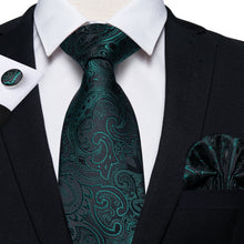 Black Green Floral  Men's Tie Handkerchief Cufflinks Set
