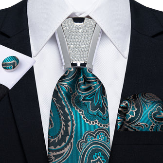 4PCS Green Black Floral Silk Men's Tie Handkerchief Cufflinks Accessory Set