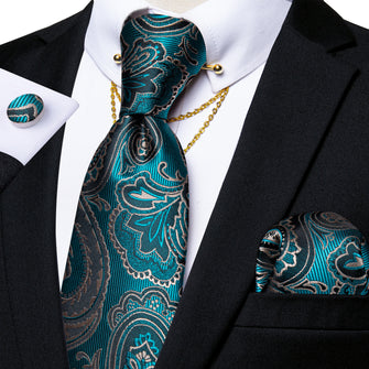 Green Black Paisley Men's Tie Handkerchief Cufflinks Set With Collar Pin