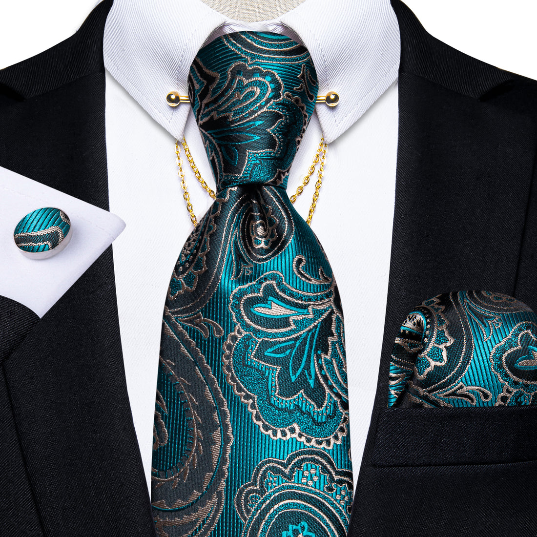 Green Black Paisley Men's Tie Handkerchief Cufflinks Set With Collar Pin