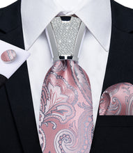 4PCS Pink Floral Silk Men's Tie Handkerchief Cufflinks Accessory Set