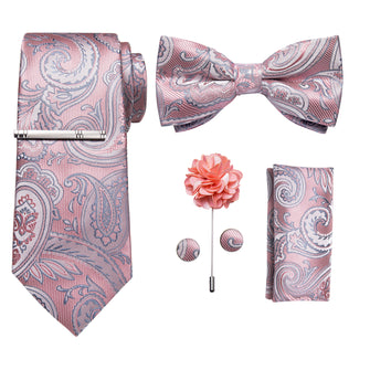 Pink Floral Bowtie Necktie  Hanky Cufflinks Brooch Clip Set