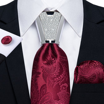 Mens Silk Burgundy Paisley Tie Pocket Square Cufflinks Set with Tie Ring