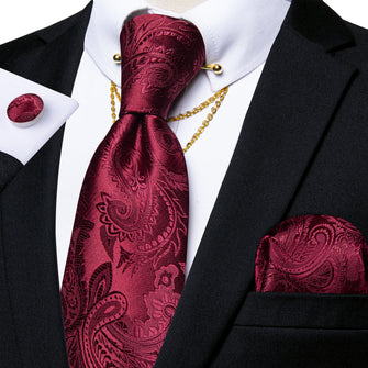 Red Paisley Men's Tie Handkerchief Cufflinks Set with Collar Pin