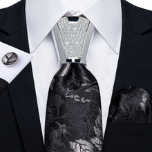4PCS Black Sliver Floral Silk Men's Tie Handkerchief Cufflinks Accessory Set