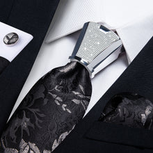 4PCS Black Sliver Floral Silk Men's Tie Handkerchief Cufflinks Accessory Set
