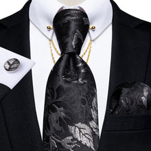 Black Grey Leaf Floral Men's Silk Necktie Handkerchief Cufflinks Set With Collar Pin