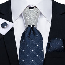 4PCS Dark Blue plaid Silk Men's Tie Handkerchief Cufflinks Accessory Set