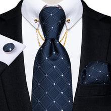 Blue Plaid Men's Tie Handkerchief Cufflinks Set With Collar Pin
