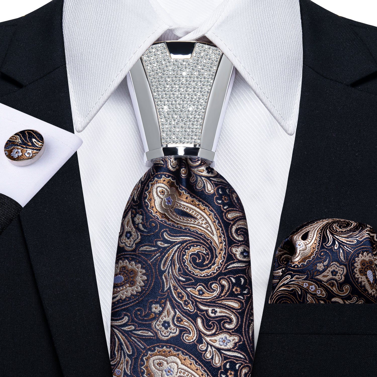 classic paisley brown navy suit tie color with mens tie accessory ring set