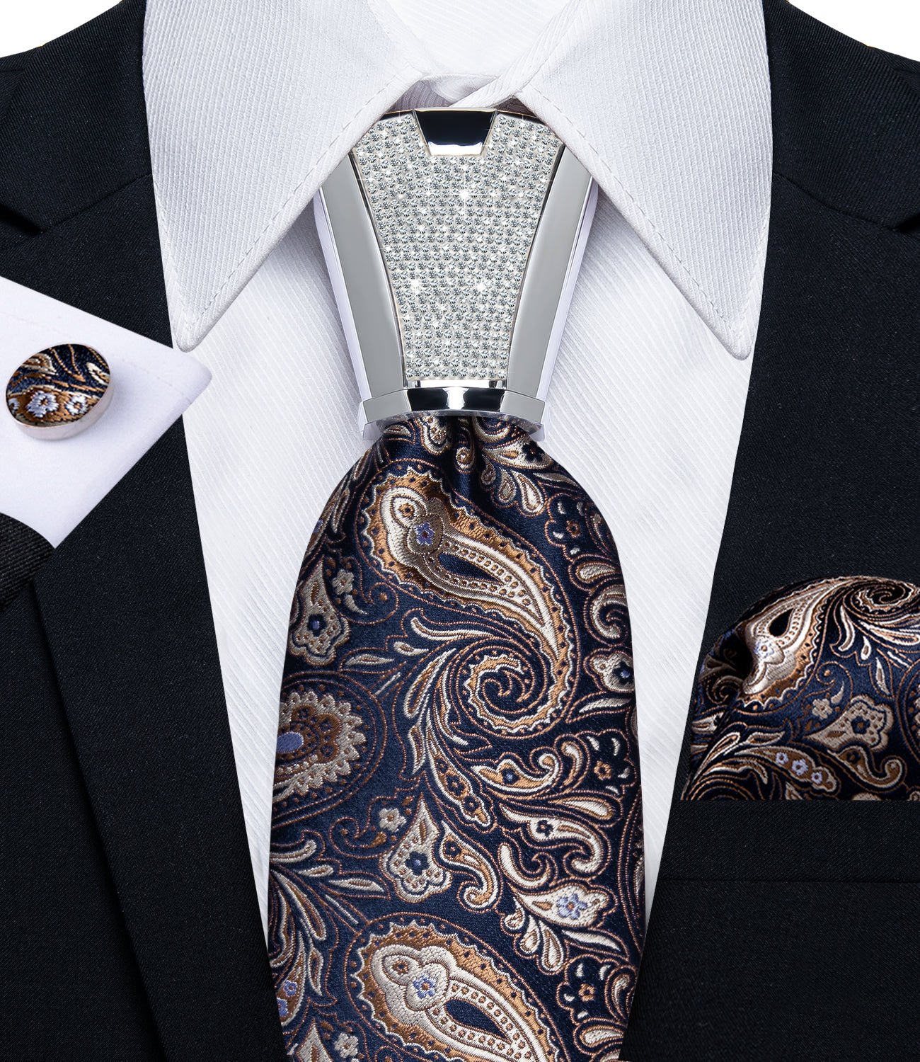 classic paisley brown navy suit tie color with mens tie accessory ring set