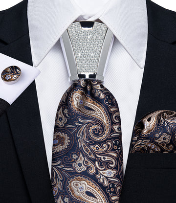 classic paisley brown navy suit tie color with mens tie accessory ring set