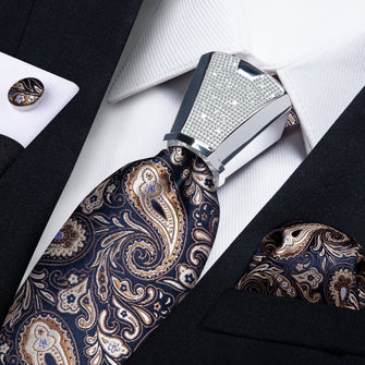 classic paisley brown navy suit tie color with mens tie accessory ring set