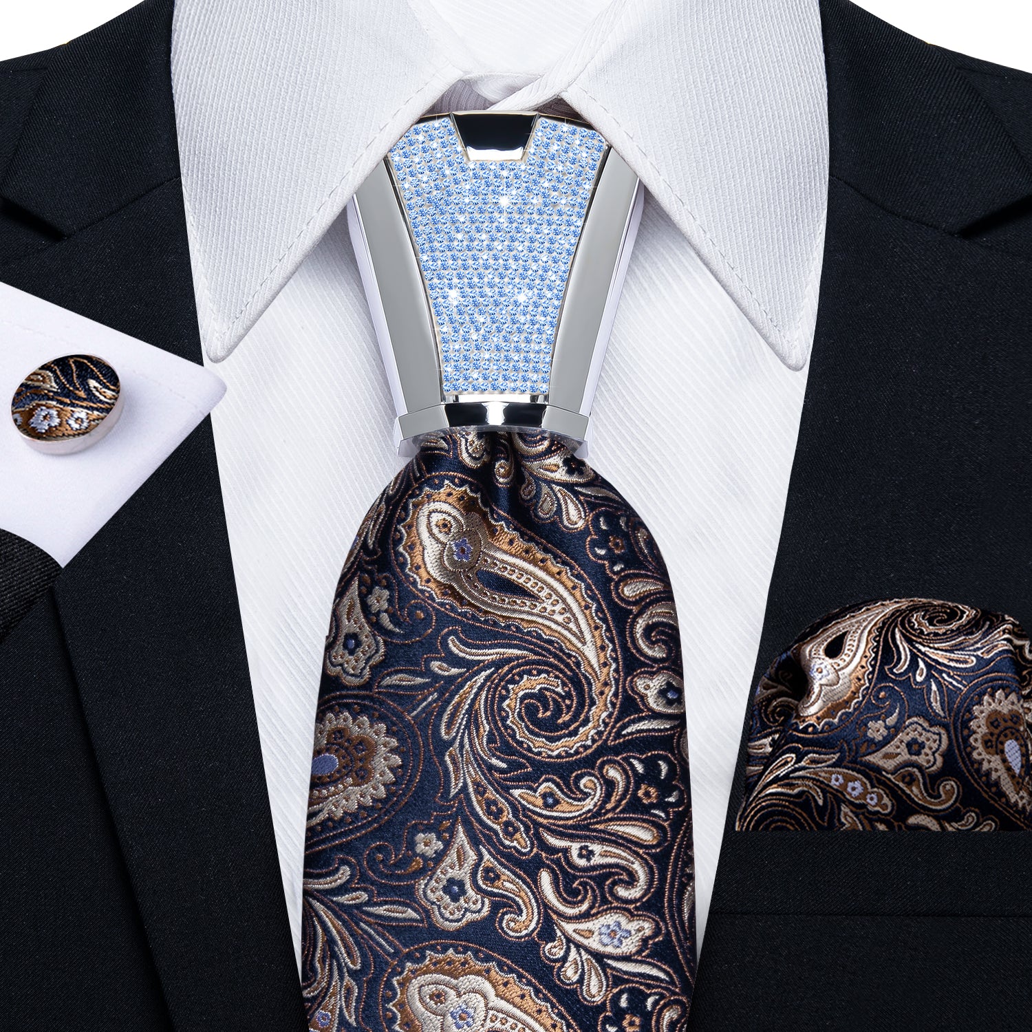 classic paisley brown navy suit tie color with mens tie accessory ring set