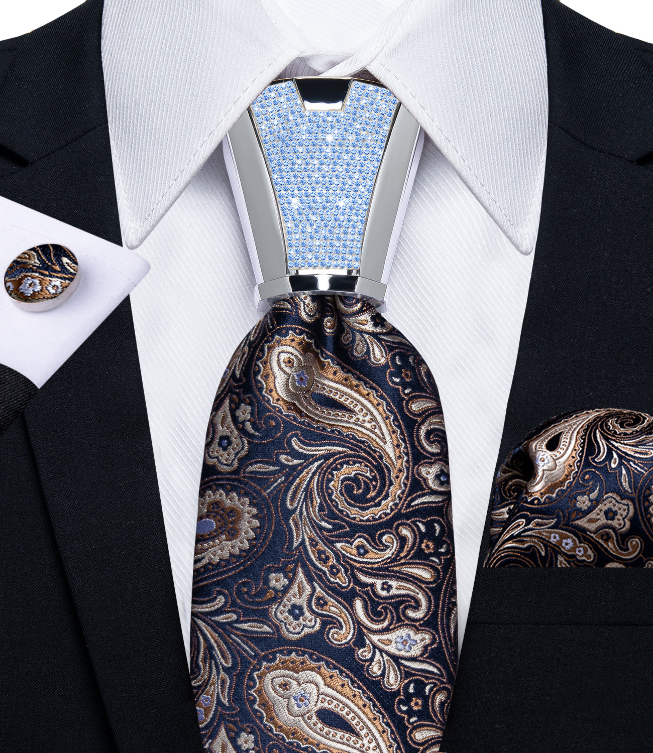 classic paisley brown navy suit tie color with mens tie accessory ring set