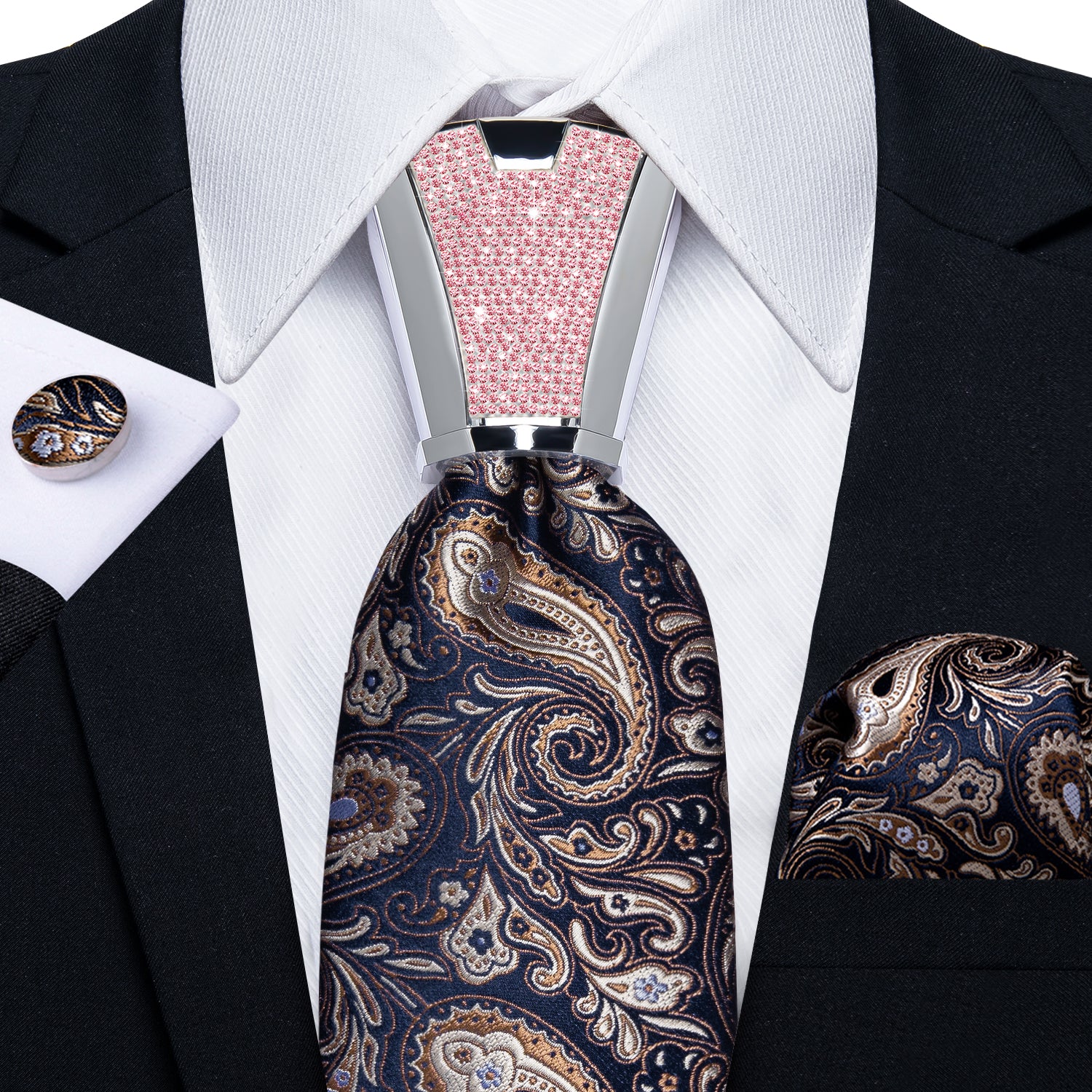 classic paisley brown navy suit tie color with mens tie accessory ring set