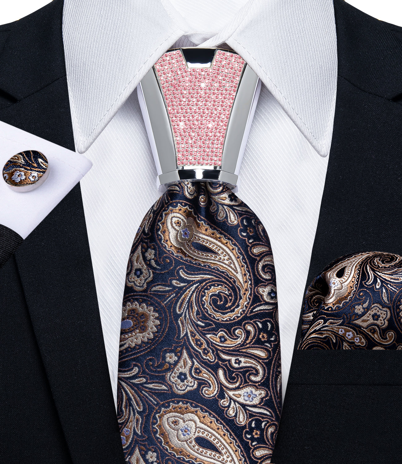 classic paisley brown navy suit tie color with mens tie accessory ring set