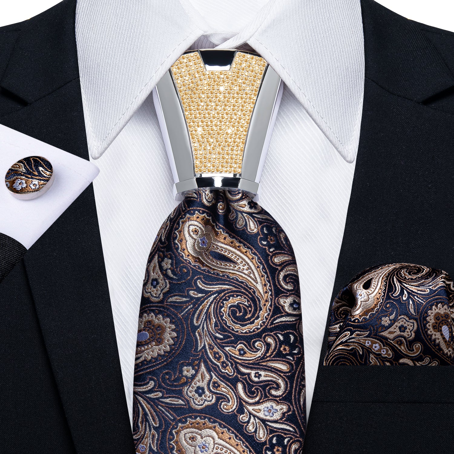 classic paisley brown navy suit tie color with mens tie accessory ring set