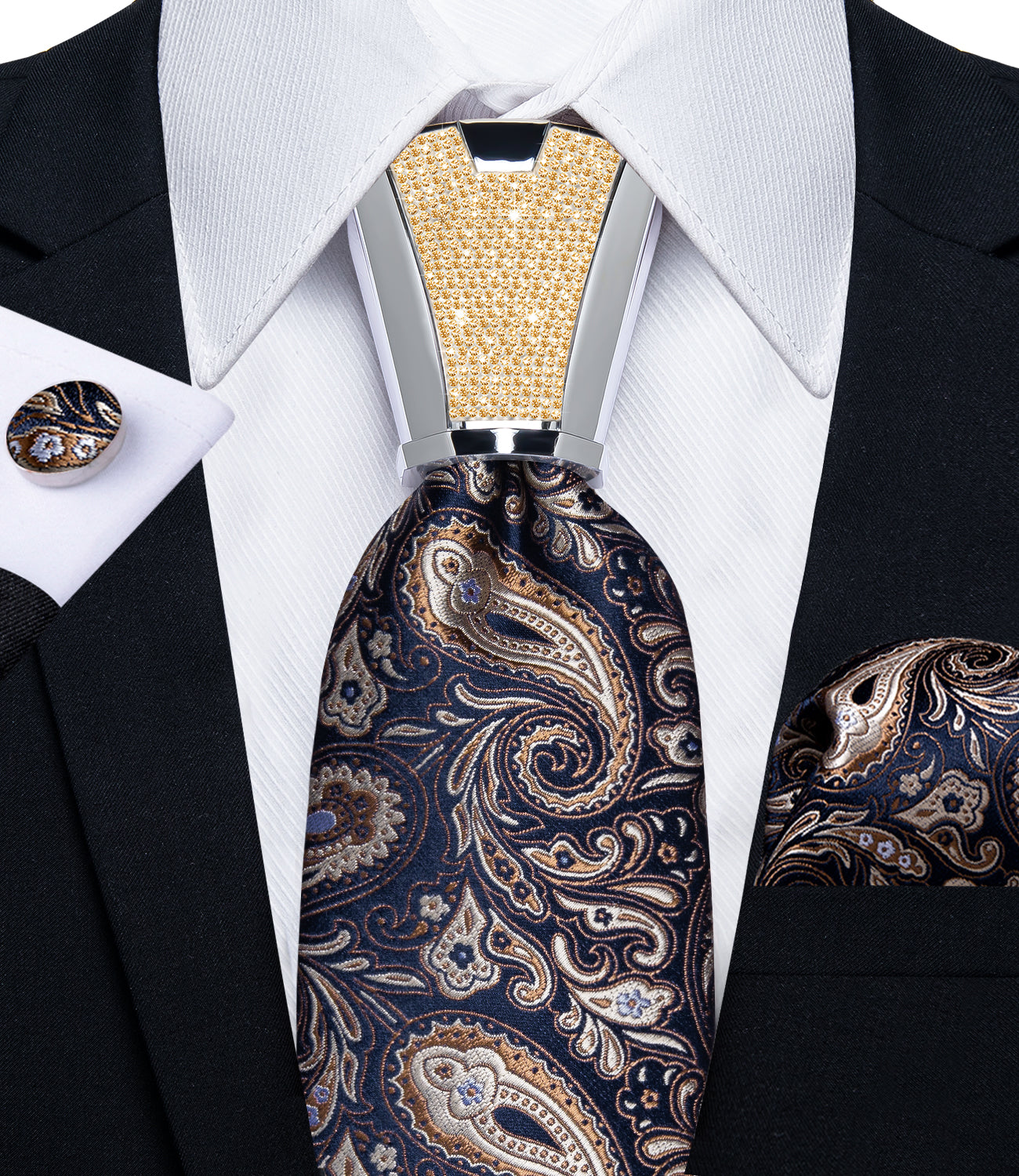 classic paisley brown navy suit tie color with mens tie accessory ring set