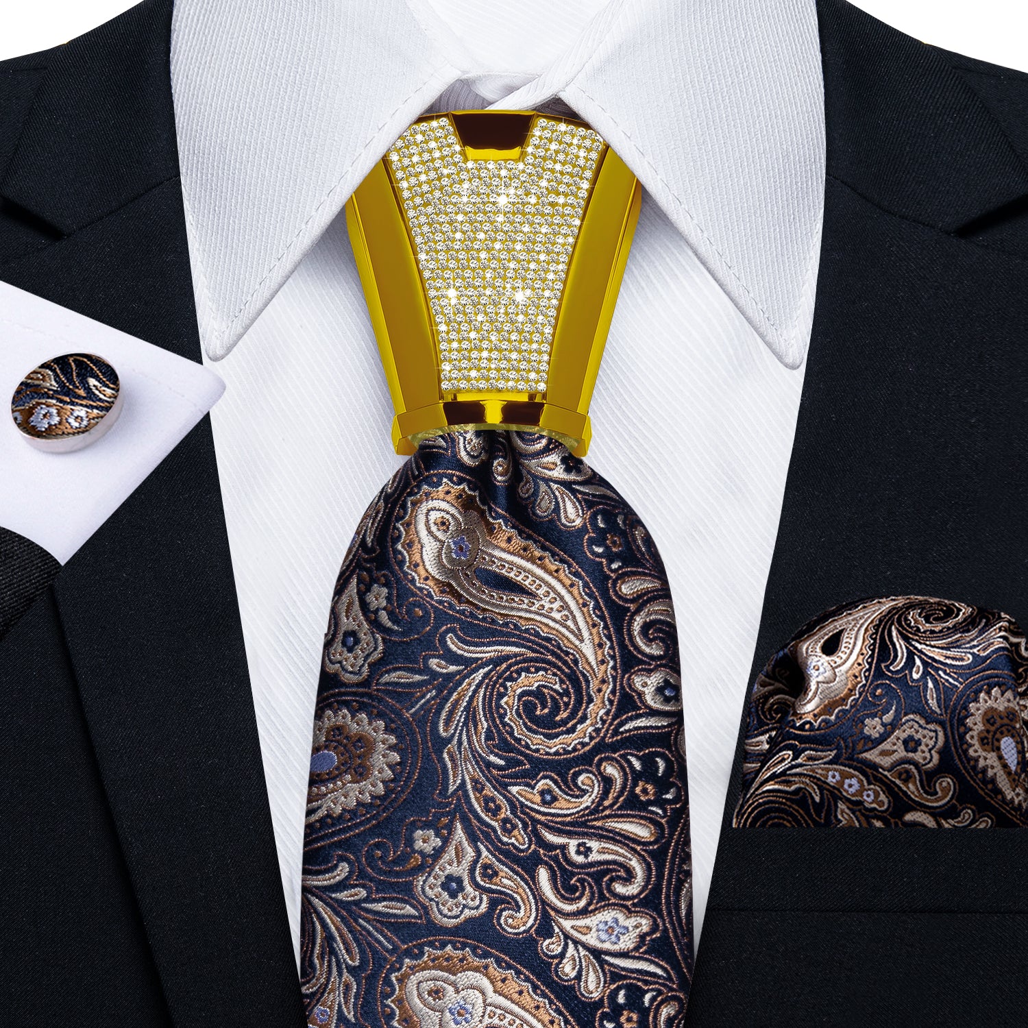 classic paisley brown navy suit tie color with mens tie accessory ring set